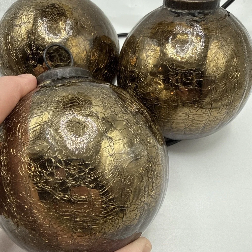 VTG Kugel Style Dark Gold Mercury Crackle Glass Christmas Ornaments Set Of 4